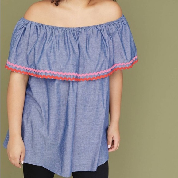 Women’s Lane Bryant Chambray Ruffle Off-The-Shoulder Top Size 14/16 - Picture 2 of 6